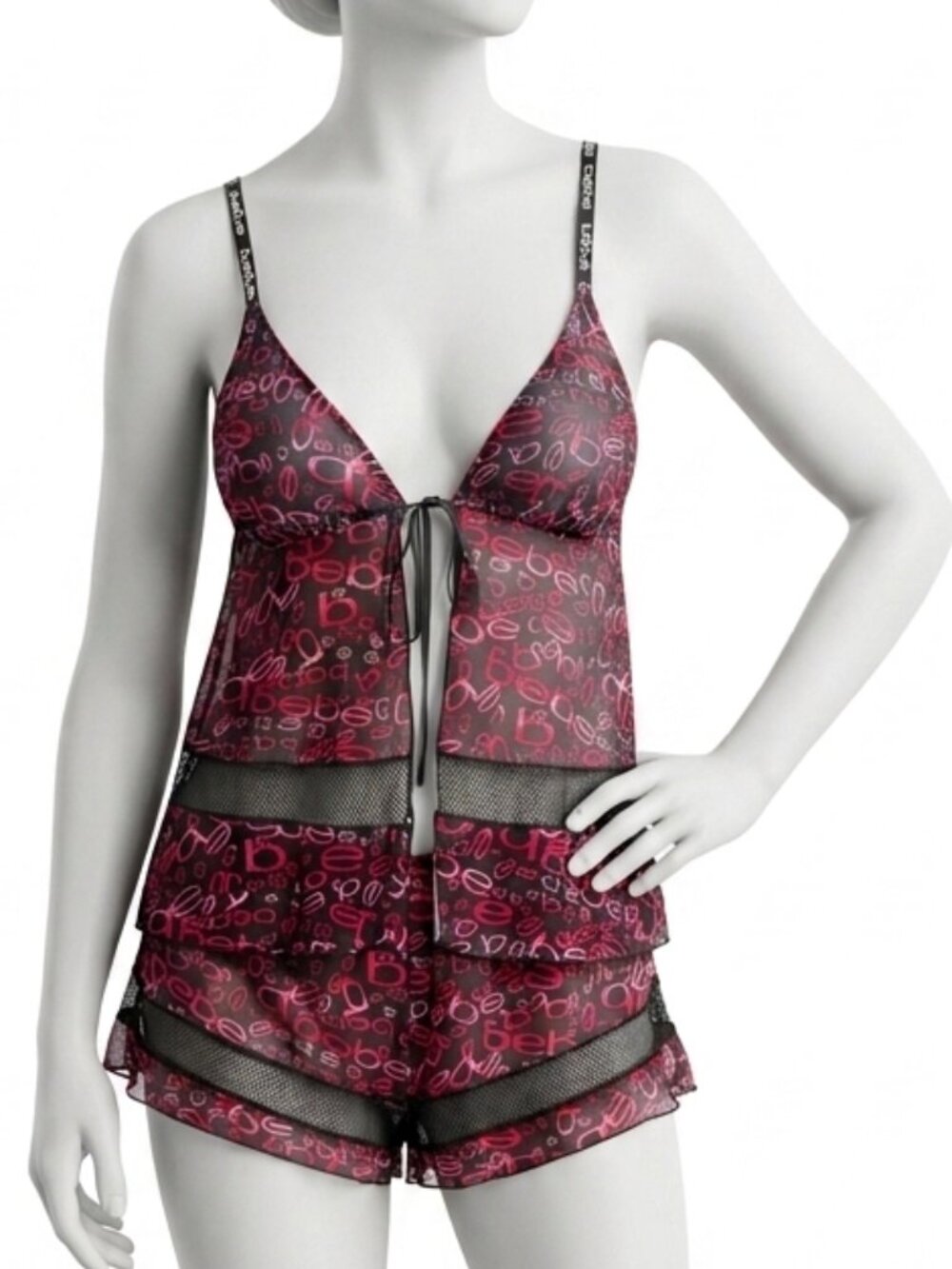 bebe Y2K Logo Mesh Cami and Shorts Lingerie Sleepwear 2 Piece Set, XL, NWT